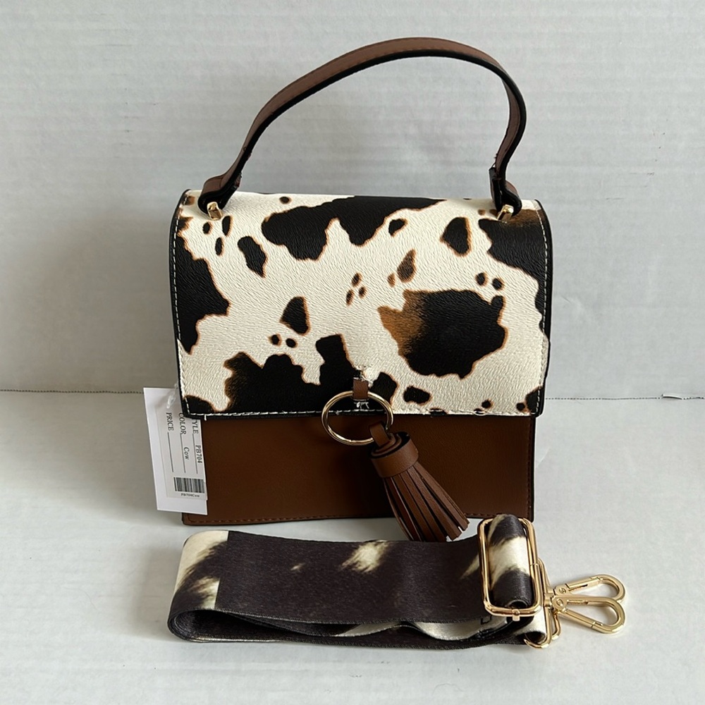Cow Print Vegan Leather Crossbody Bag w/ Guitar Strap
